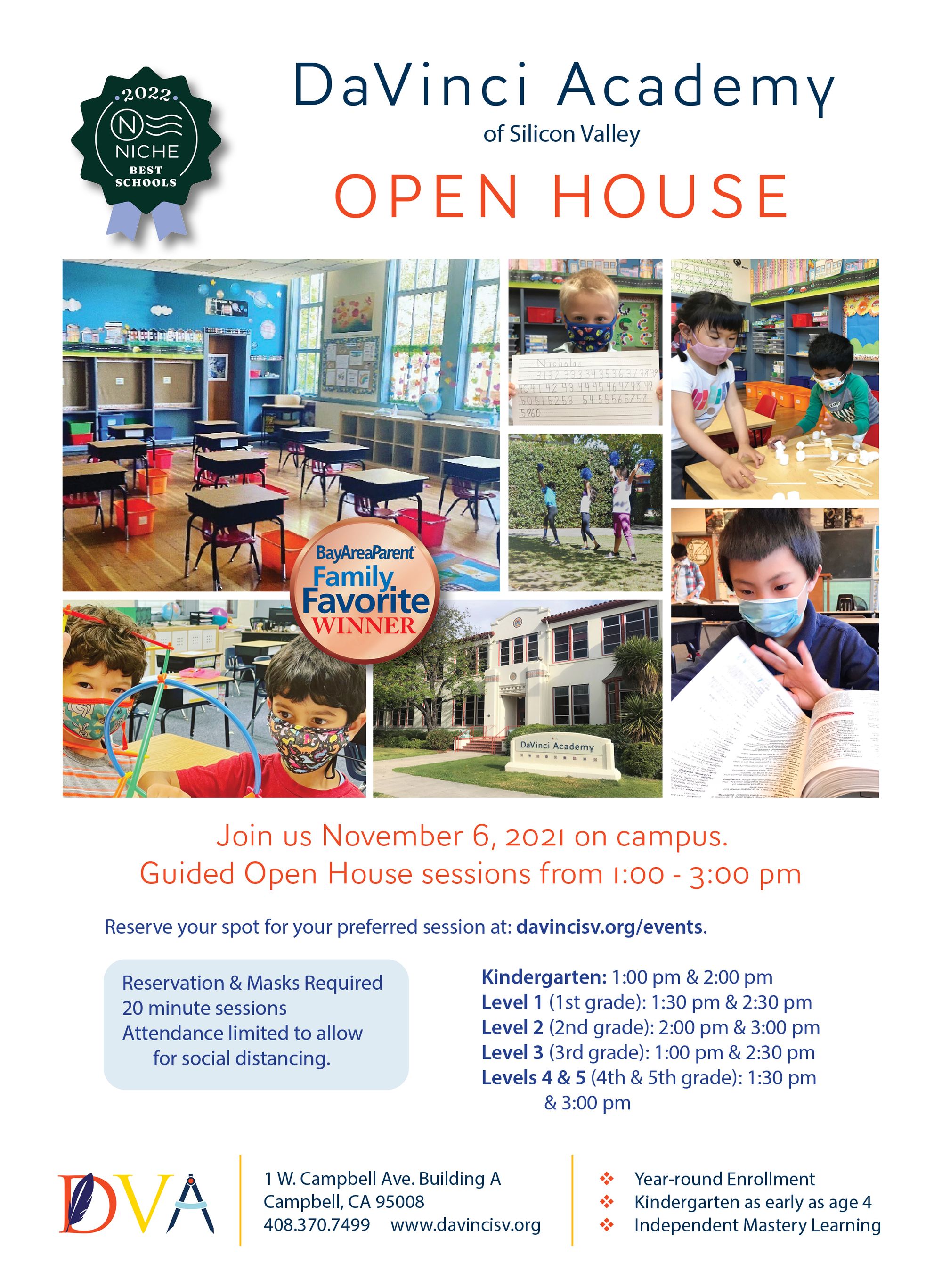 Flier announcing the Nov 6 Guided Open House for K-5. RSVP required at www.davincisv.org/events