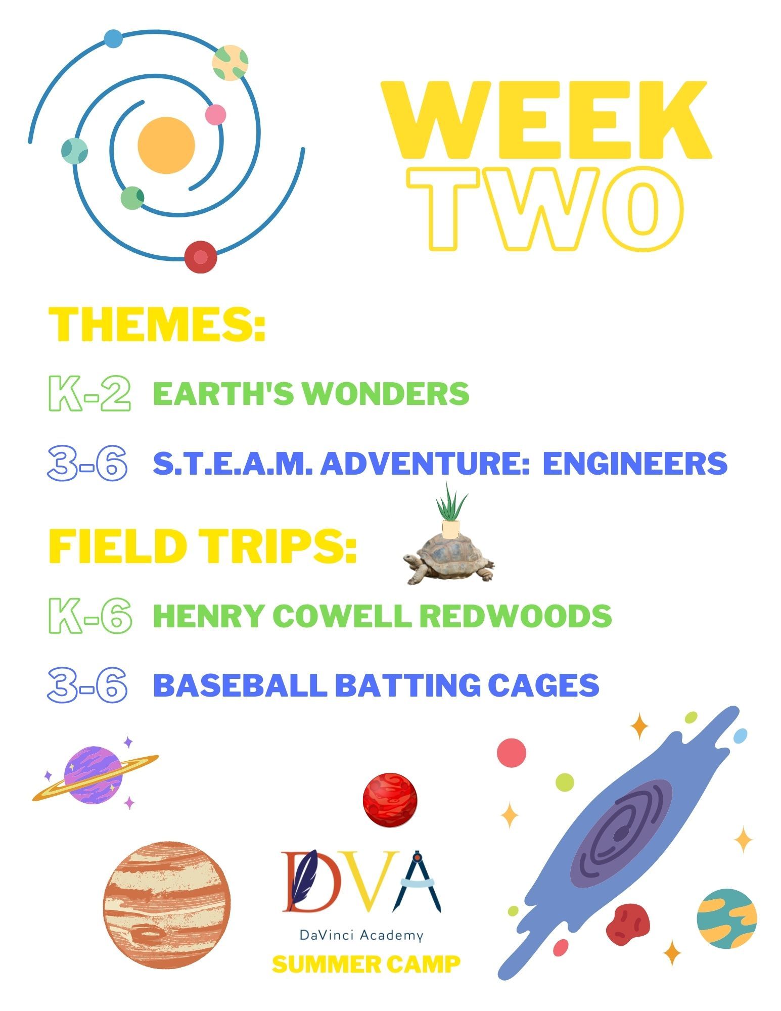 Flyer for Week 2 of DaVinci Summer Camp: themes and field trips