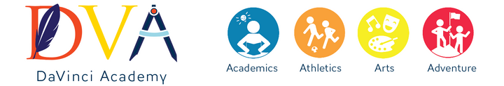 DaVinci Academy logo with feather D and math compass A. Icons for Academics, Athletics, Arts and Adventure.